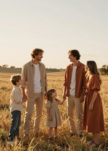 A cinematic lifestyle photograph of a young family laughing together in a sun-drenched North American / General Western meadow. The lighting is warm and golden-hour inspired. The family is dressed in soft sand and terracotta colored casual wear, showing authentic interaction.