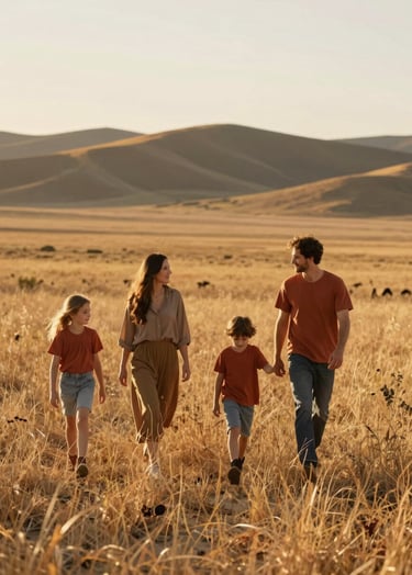 A wide cinematic shot of a family of four walking through a sun-drenched meadow in a North American / General Western landscape. Soft sand colors in the dry grass and warm terracotta tones in their casual outfits. Beautiful golden hour lighting filters through the scene.