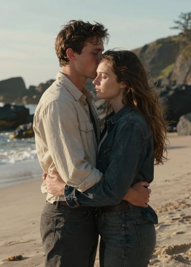A cinematic hero portrait of a couple in a North American / General Western coastal environment. They are embracing naturally, with the soft sand beach and charcoal rocks in the background under a warm, sun-drenched sky.