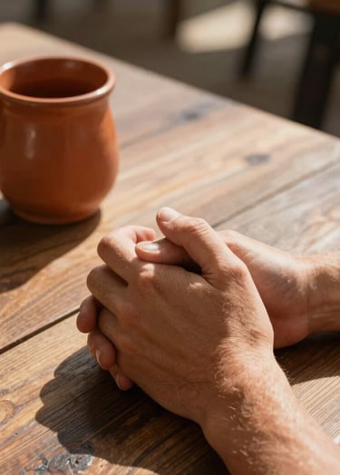 A close-up detail shot of hands intertwined on a rustic wooden table in a North American / General Western outdoor cafe, featuring a terracotta ceramic mug and warm afternoon shadows.