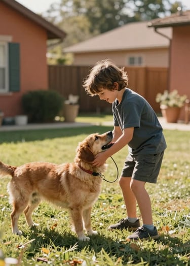 A lifestyle photograph of a child playing with a dog in a sun-drenched North American / General Western suburban garden. Cinematic lighting, warm terracotta and charcoal accents, and authentic, pure joy.