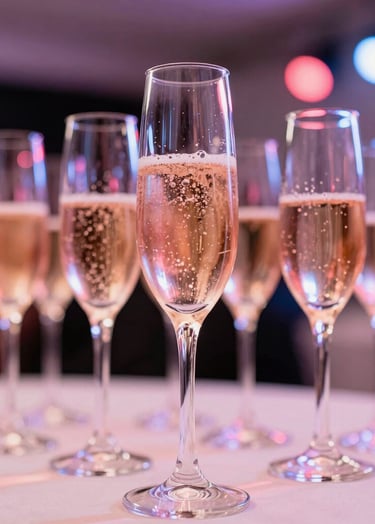 An artistic close-up of a glass of champagne on a table in a North American / US gala event, with the soft pink and rose gold glow of stage lights blurred in the background.