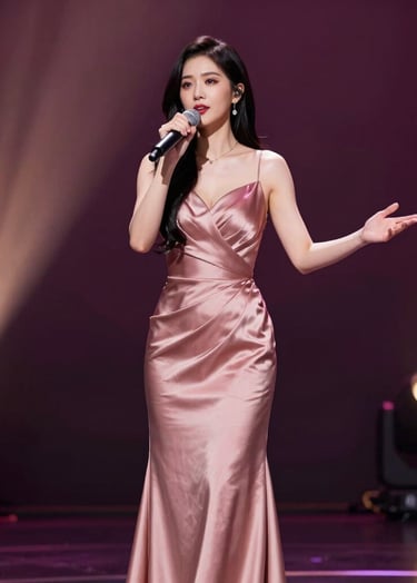A professional performer on a North American / US stage, captured mid-song with an elegant posture. She wears a luxurious gown in muted rose silk. The lighting is soft and artistic, with warm pearl spotlights creating a sophisticated atmosphere against a dark aubergine background.