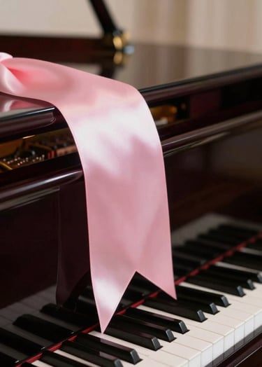 A professional photography shot of a satin ribbon in Soft Petal Pink draped over a piano in a North American / US music room, with elegant Deep Plum accents and soft focus.