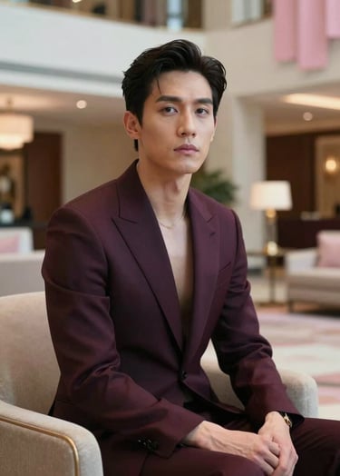 A sophisticated portrait of a performer sitting in a North American / US luxury hotel lobby, wearing a Deep Plum blazer, soft cinematic lighting with hints of Soft Petal Pink in the decor.