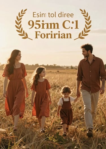 A cinematic, wide-angle lifestyle photograph of a family of four walking through a sun-drenched meadow at golden hour. The lighting is warm with soft flares, highlighting the soft sand colored grass and terracotta tones in their clothing.