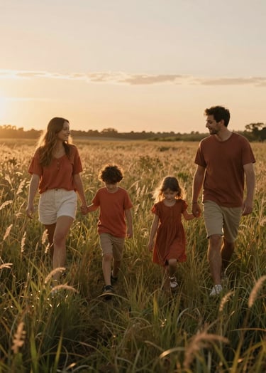 A family of four walking through a tall grass meadow at sunset, warm soft sand sunlight filtering through the frame, cinematic wide shot with terracotta accents.