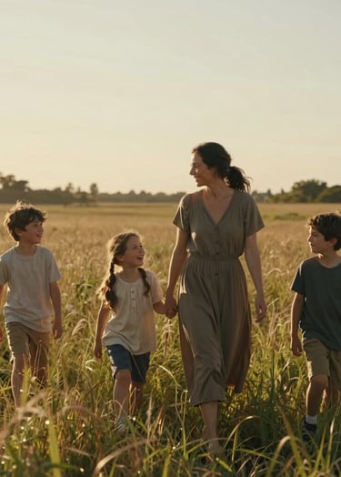 A cinematic, wide-angle shot of a family walking through a tall grass field during golden hour. The lighting is warm and sun-drenched. The mother wears an earthy muted brown dress, and the children are laughing. Soft focus background.