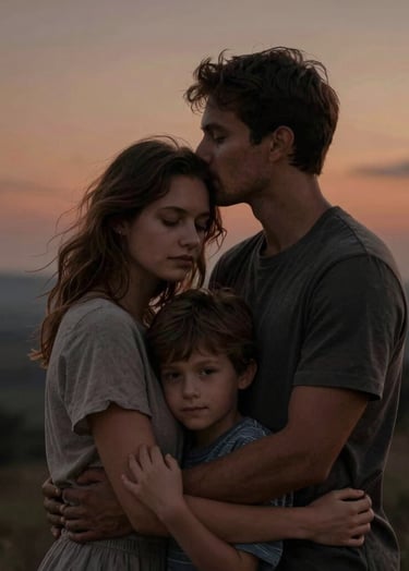 A cinematic family portrait at dusk, with the subjects in a gentle embrace. The background is a soft-focus landscape in charcoal and warm terracotta hues.