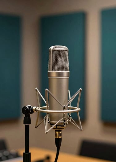 A professional recording studio setup with a sleek silver microphone on a stand. In the blurred background, sound-dampening panels in deep teal #386F6F are visible. The lighting is warm and focused on the mic, symbolizing Lyan Galindo's professional musical journey and refined craft.