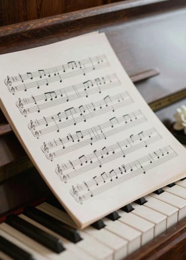 A symbolic still life of a musical score resting on a wooden piano, with a single delicate flower beside it. The lighting is soft and natural, emphasizing textures. Subtle tones of #91AA9D and #386F6F are woven into the composition to represent growth and resilience.