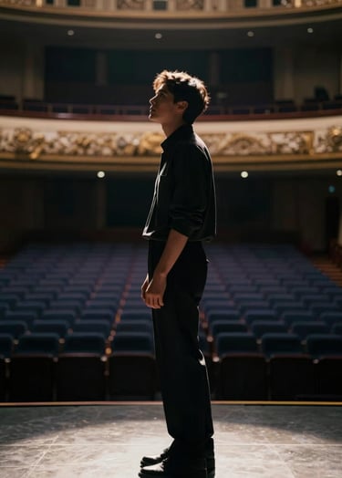 A cinematic portrait of Lyan Galindo standing on a stage during soundcheck. He is silhouetted by warm #E6EBE0 backlighting, with cool #1A2D3A tones in the shadows of the empty theater. The mood is one of sophisticated resilience and focus.