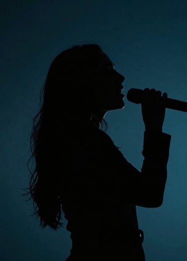 Silhouetted profile of Lyan Galindo singing with intensity, the background features deep #1A2D3A and #386F6F textures, conveying emotional depth and sophistication.