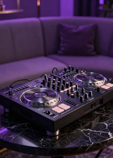 Cinematic photography of a high-end DJ controller on a night black marble table in a luxury lounge in a Spanish / Latin American city. Soft silver highlights on the knobs. Deep purple backlight accents. Minimalist and professional composition.