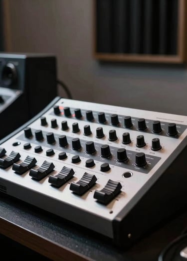 Professional music studio session in a Spanish / Latin American city, featuring high-end hardware with soft silver and obsidian black finishes, minimalist and clean dark mode vibe.