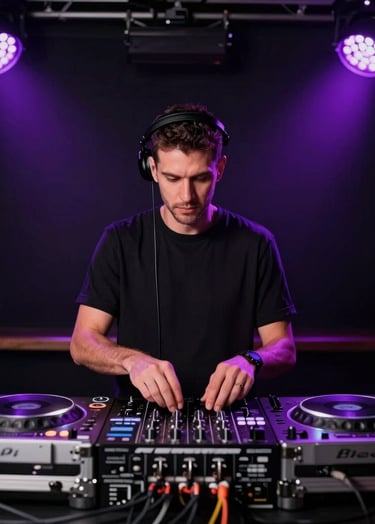 A professional DJ with a focused expression, behind high-end silver DJ equipment in a modern nightclub in a Spanish / Latin American city. Moody stage lighting with vibrant electric violet highlights and a rich deep black backdrop. Cinematic composition, shallow depth of field, minimalist aesthetic.