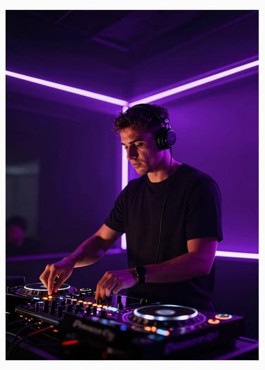 A professional DJ performing in a high-end Spanish / Latin American club. Low-angle shot, electric violet and soft platinum neon lighting cutting through obsidian shadows. High-energy atmosphere, minimalist composition.