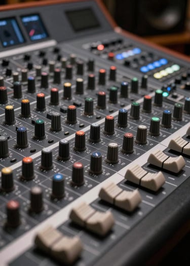 A close-up of professional music production gear, featuring a sleek obsidian black mixing console and graphite knobs, soft silver ambient lighting in a high-end Spanish / Latin American recording studio.