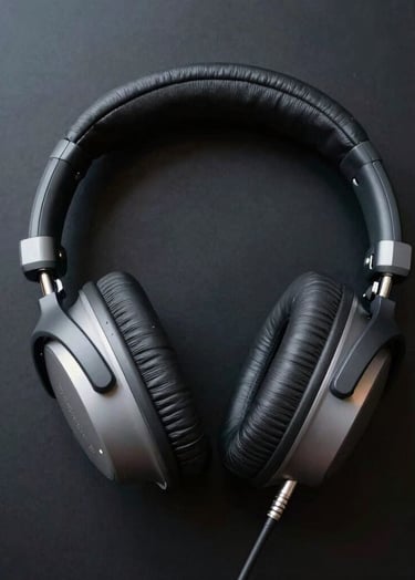 Artistic top-down photography of professional studio headphones resting on a sleek, night black surface. Mist grey highlights on the metal parts. Sophisticated music production vibe, clean and minimalist, set in a Spanish / Latin American creative space.