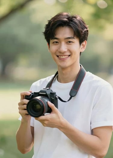 A lifestyle portrait of a friendly photographer holding a professional camera, standing in a natural sun-drenched environment with soft bokeh greenery.