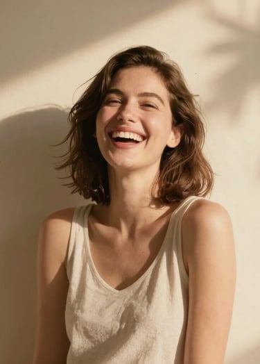 A warm, sun-soaked lifestyle portrait of a woman laughing. She is positioned against a Soft Sand colored wall with soft, cinematic shadows from a nearby tree casting onto the surface. The mood is authentic and inviting.