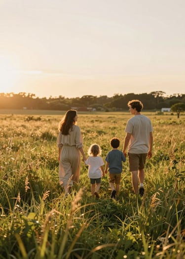 A wide cinematic landscape of a family walking through a sun-drenched meadow at golden hour. The atmosphere is warm and inviting, with soft light hitting the tall grass. Highlighting authentic interaction and natural beauty.