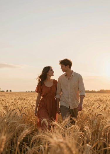 A cinematic, wide-angle shot of a couple walking through a golden wheat field at sunset. The lighting is warm and hazy, with soft sun flares. The couple wears earth tones like Terracotta and Soft Sand, looking at each other with genuine affection.