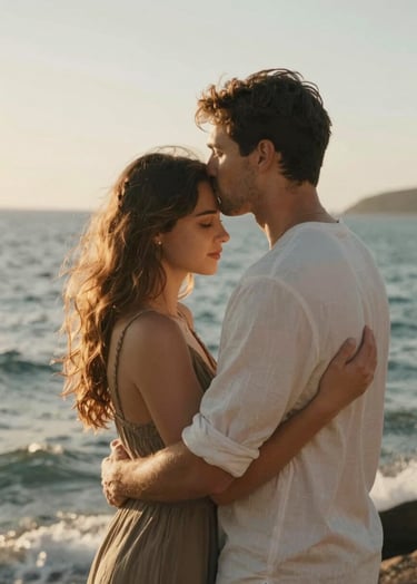 Cinematic portrait of a couple embracing by the ocean, warm sun-drenched environment, authentic emotional connection, natural lighting, premium and approachable style.