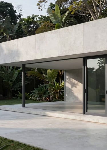 A high-end architectural photograph of a luxury minimalist residence in a lush South American / Brazilian setting. The structure features pure white concrete walls and floor-to-ceiling glass. The lighting is soft morning light, creating subtle shadows and highlighting the high-contrast charcoal grey window frames. Minimalist and editorial.
