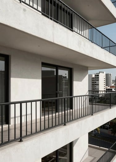 A minimalist architectural render of a high-end residential balcony in a South American / Brazilian coastal city. The scene features pure white concrete surfaces, sharp black metal railings, and deep shadows under the midday sun. Sophisticated and high-contrast.