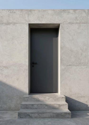 An exterior render of a minimalist concrete staircase leading into a dark charcoal grey doorway. The walls are pure white concrete. The lighting is cinematic dusk, casting long, elegant shadows. Professional South American / Brazilian architecture.