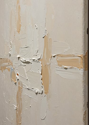 A close-up photograph of a heavily textured abstract painting on canvas. The surface features thick impasto strokes and accumulations of pigments in soft off-white and warm sand tones. The lighting is soft and directed from the side to emphasize the relief and shadows of the texture. Set in a professional South American / Argentine art studio.