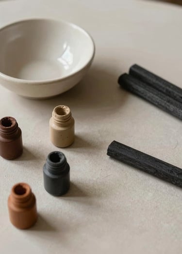 A minimalist overhead photograph of a South American / Argentine artist's desk in Buenos Aires. Scattered muted earthy brown pigments, a soft off-white ceramic bowl, and deep charcoal charcoal sticks. Natural side light creates soft textures on the surface.