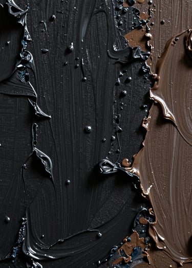 Artistic macro shot of thick oil paint textures and raw pigments on a canvas, low-key lighting highlighting the peaks and valleys of the medium. Deep charcoal black and muted earthy brown tones in a South American / Argentine setting.