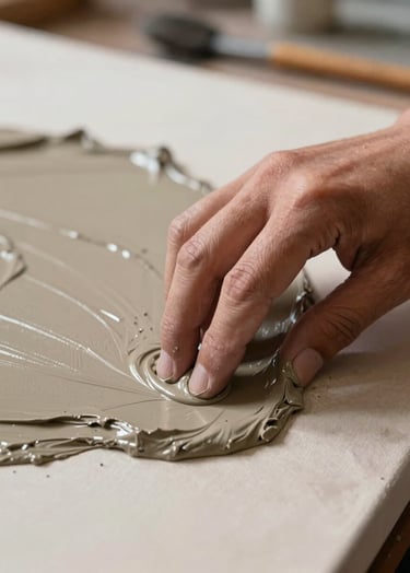 A macro photograph of an artist's gesture, showing a hand interacting with thick, earthy taupe pigment on a canvas. The image is captured in a South American / Argentine studio, emphasizing the physical process and the moment where control cedes to the material's own decision.