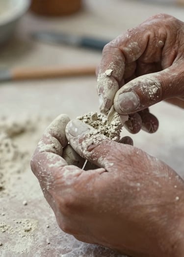 A detailed close-up of an artist's hands working with raw pigments and organic textures. The skin is lightly dusted with soft off-white powder. The composition is artistic and textural, highlighting the physical process of creation in a South American / Argentine workshop.