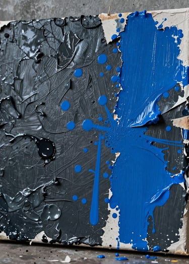 Macro photography of a mixed-media canvas with thick, layered acrylic paint and torn poster edges. The color palette features deep charcoal slate and vibrant electric blue splashes. The lighting is cinematic, capturing the grit and texture in a International / Urban Art Scene warehouse studio.