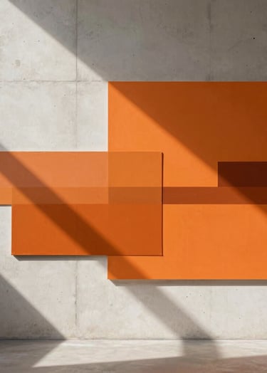 An editorial-style photograph of a contemporary art collage that blends architectural photography with abstract paint layers in safety orange. The lighting creates sharp, geometric shadows against an off-white concrete wall in a International / Urban Art Scene space.
