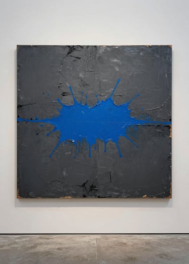 A large-scale contemporary mixed-media painting featuring heavy textures of deep slate grey acrylic, charcoal marks, and a single, bold splash of vibrant blue across the center. The canvas is hung on a clean, industrial soft off-white wall in a high-end International / Urban Art Scene gallery with concrete floors.