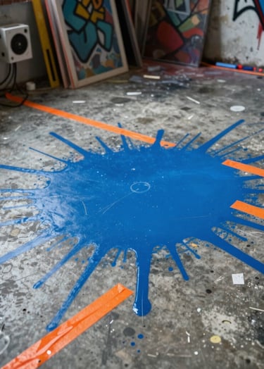 A high-angle photograph of a messy urban art studio in the International / Urban Art Scene, featuring a concrete floor with vibrant electric blue paint splashes and safety orange tape marks.