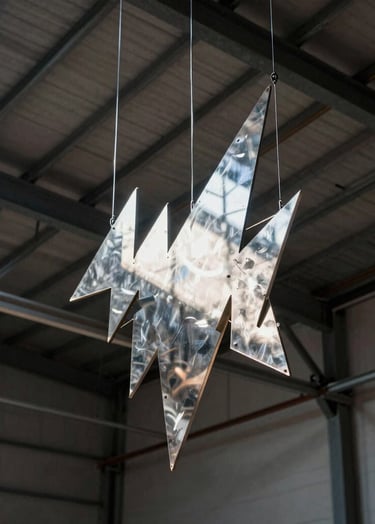 A low-angle shot of a International / Urban Art Scene warehouse ceiling with exposed metal beams and industrial lighting, casting dramatic shadows. The light hits a hanging metal sculpture that mirrors the jagged lines found in the Urban Layers art series.