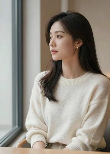 A beautiful woman sitting in a minimalist North American / Western European cafe, wearing a soft off-white knit sweater and soft gold accessories, looking thoughtfully out a large window. Soft daylight, clean lines, and a calm atmosphere.