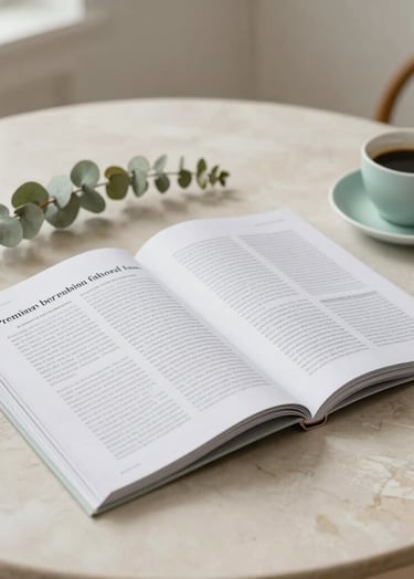 Photography of a premium fashion editorial magazine open on a beige marble tabletop, accompanied by a sprig of dried eucalyptus and a cup of coffee. The setting is a minimalist, bright North American / Western European apartment with soft natural morning light. The colors include soft off-white, sage green accents, and charcoal grey text on the magazine pages.