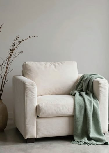 A minimalist interior setting in a North American / Western European home featuring a soft off-white armchair, a single tall vase with dried branches, and a soft sage green throw blanket draped over the side.