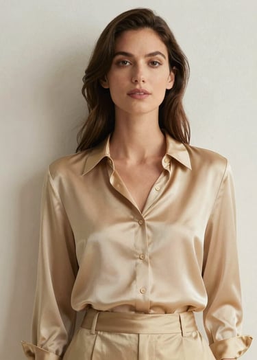 A high-end editorial portrait of a woman in a soft gold silk blouse standing against a soft off-white textured wall in a bright North American / Western European penthouse. The lighting is soft and ethereal, emphasizing the premium and feminine aesthetic of SheSaid Style.