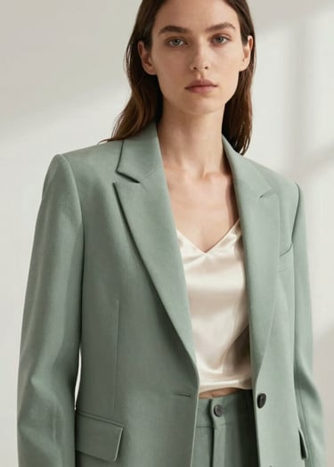 A sophisticated editorial fashion portrait of a woman wearing a tailored soft sage green blazer over a cream silk top, captured in a bright, minimal North American / Western European studio setting with soft shadows.