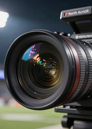 A close-up of a high-end cinema camera lens reflecting the bright floodlights of a North American football stadium at night. The body of the camera is a sleek charcoal black, and the glass shows hints of sky blue reflections. Sharp focus on the lens glass with a shallow depth of field.