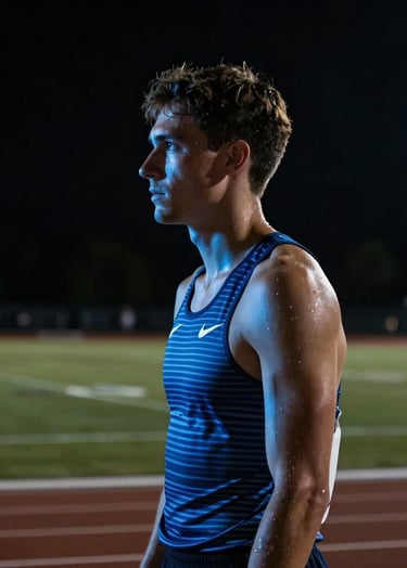 A vertical portrait of a focused athlete preparing for a race at a North American sports complex. The lighting is dramatic and moody, with a strong steel blue rim light highlighting their profile against a pitch-black background. Extremely sharp detail, professional commercial photography style.