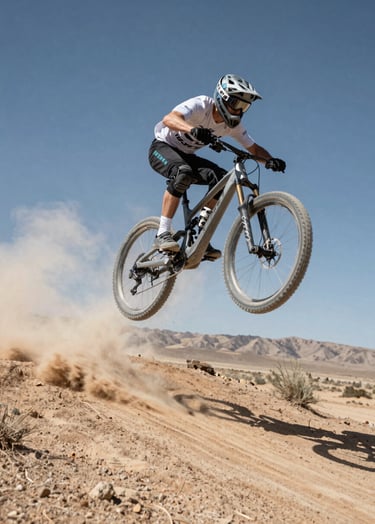 A high-speed photography shot of a mountain biker soaring through a dust cloud in a North American desert, sharp focus on the athlete, cool silver and steel blue color palette, dynamic wide-angle composition.