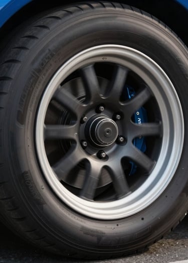 Abstract close-up of a racing car tire spinning at high speed, motion blur, steel blue and midnight black palette, technical precision, high-tech sports aesthetic.
